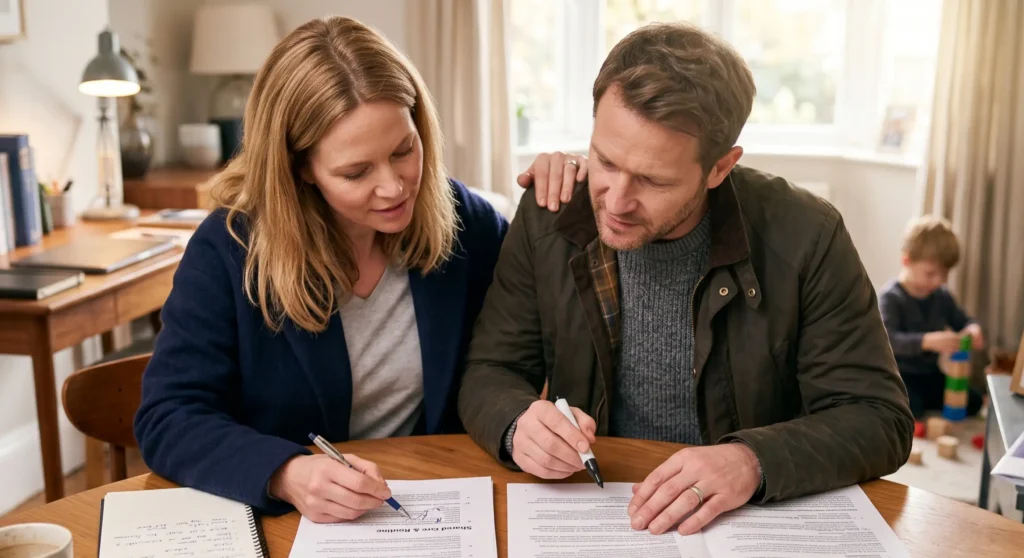 Two parents reviewing documents together, representing shared parental responsibility decisions